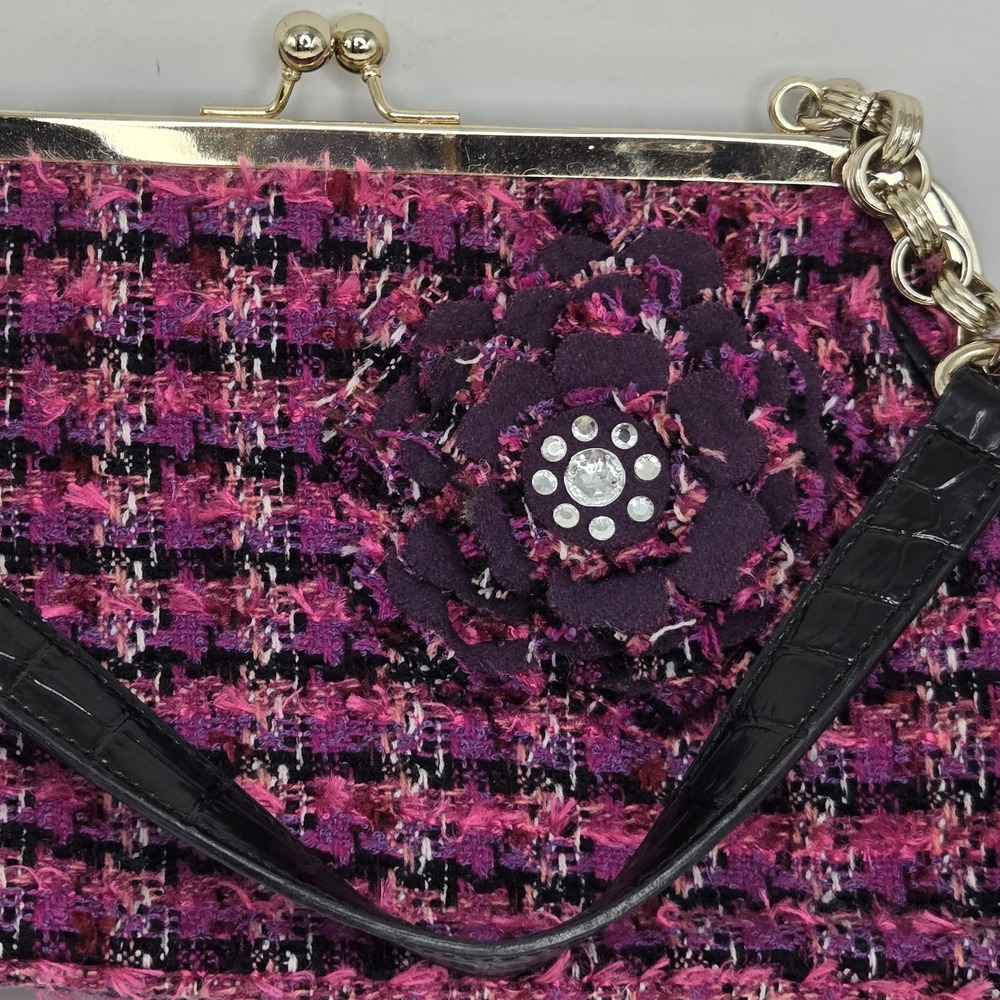 Y2k Pink Plaid Tweed Kisslock Handbag Liz Clairborne Rhinestones Gold Hardware - Picture 2 of 6